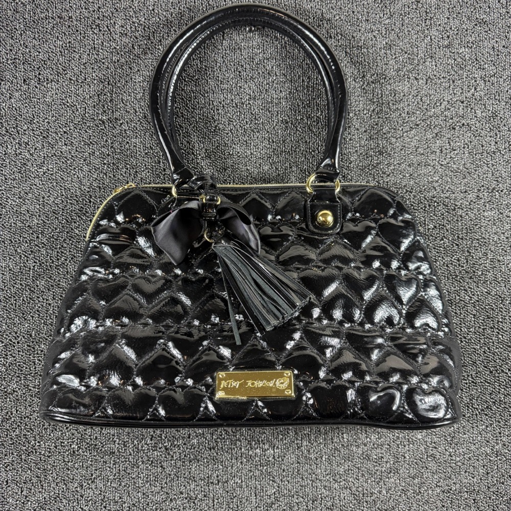 Betsey Johnson Quilted Heart Leather Be Mine Hand Bag Hobo Purse Black Gold